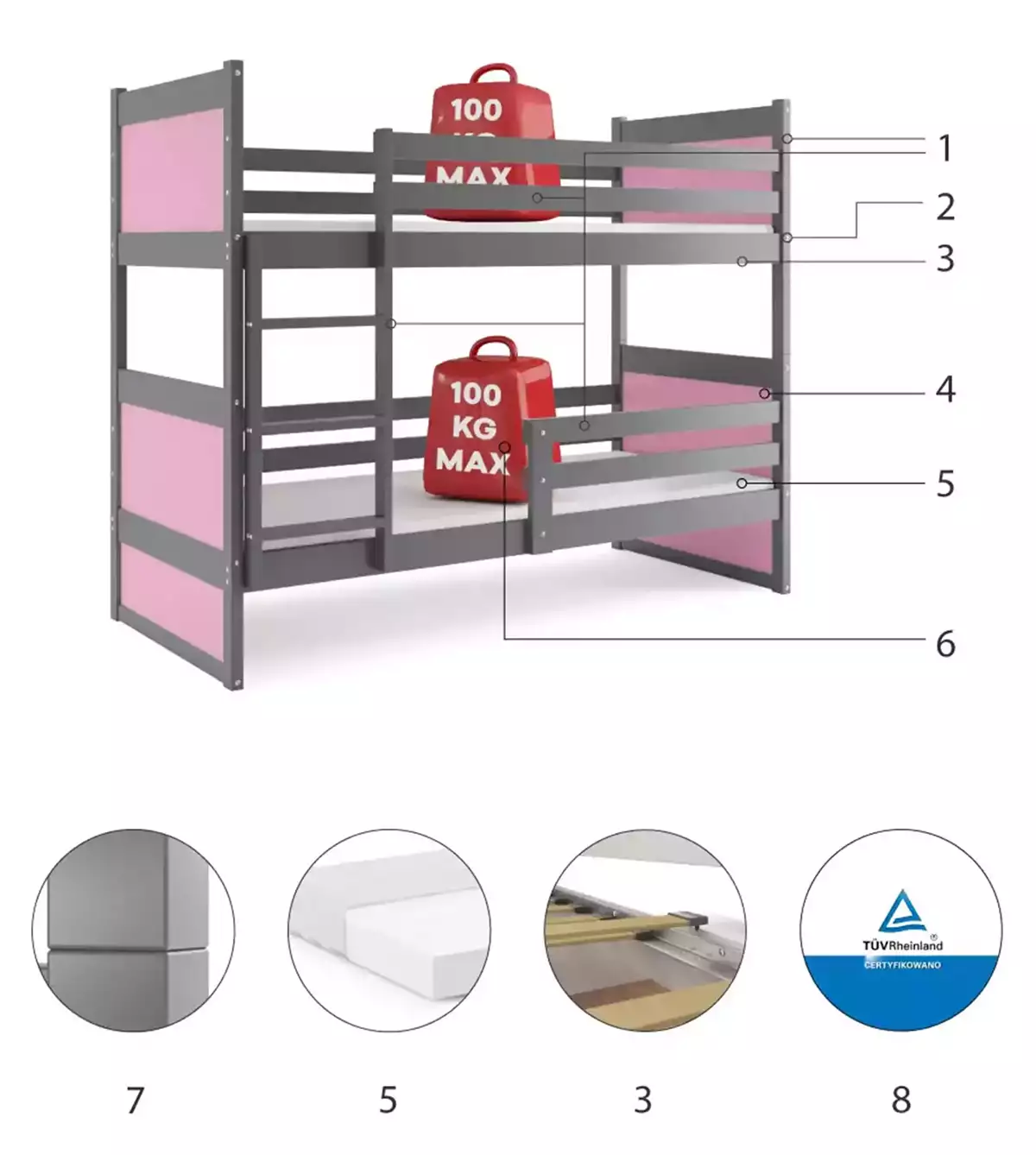 Komponenten für Stockbett für Jugendliche, Richard, 90x190, grau/rosa Komponenten für Stockbett für Jugendliche, Richard, 90x190, grau/rosa