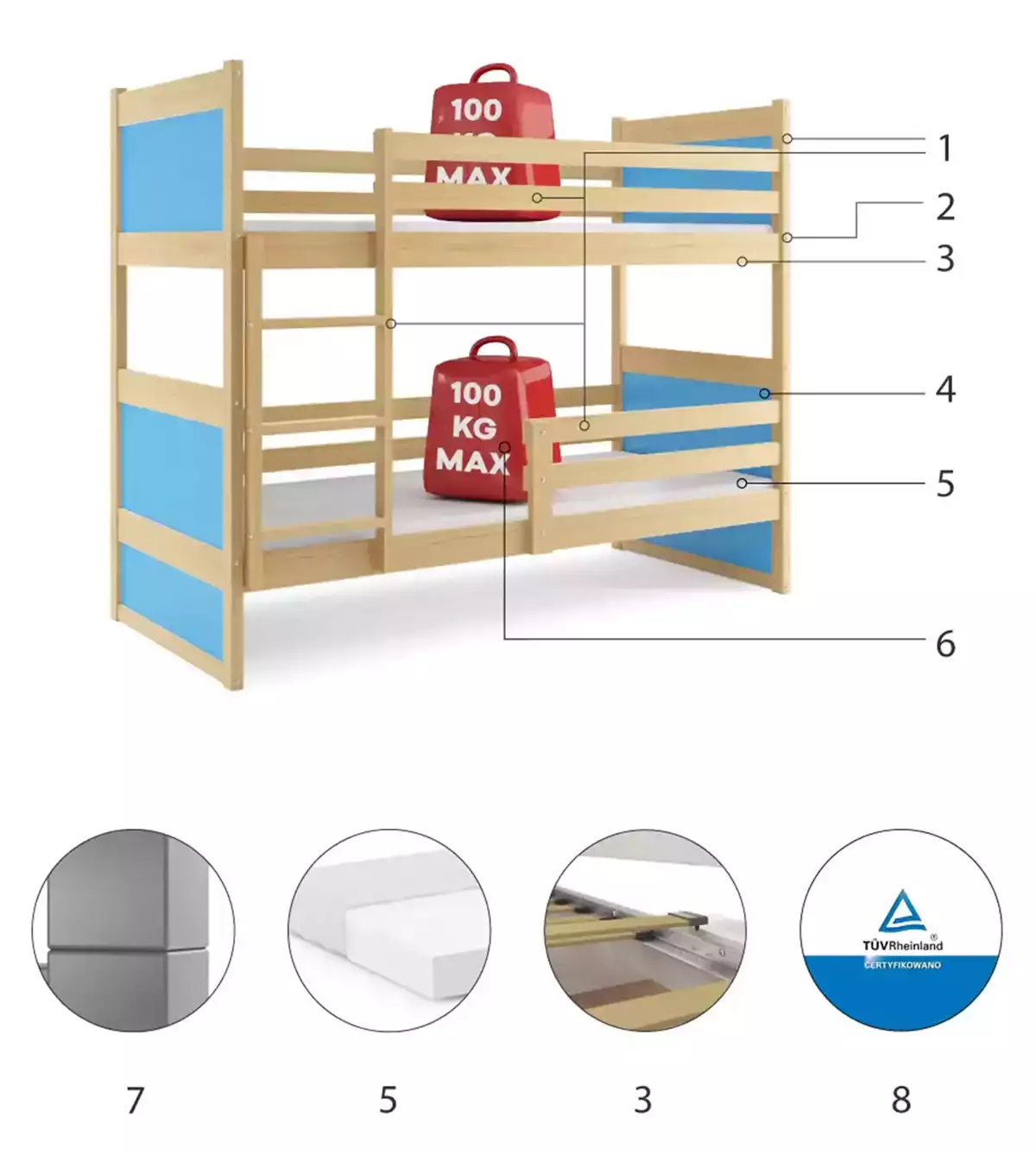 Komponenten für Stockbett für Jugendliche Richard, 90x190, mit Matratze, Kiefer/blau Komponenten für Stockbett für Jugendliche Richard, 90x190, mit Matratze, Kiefer/blau