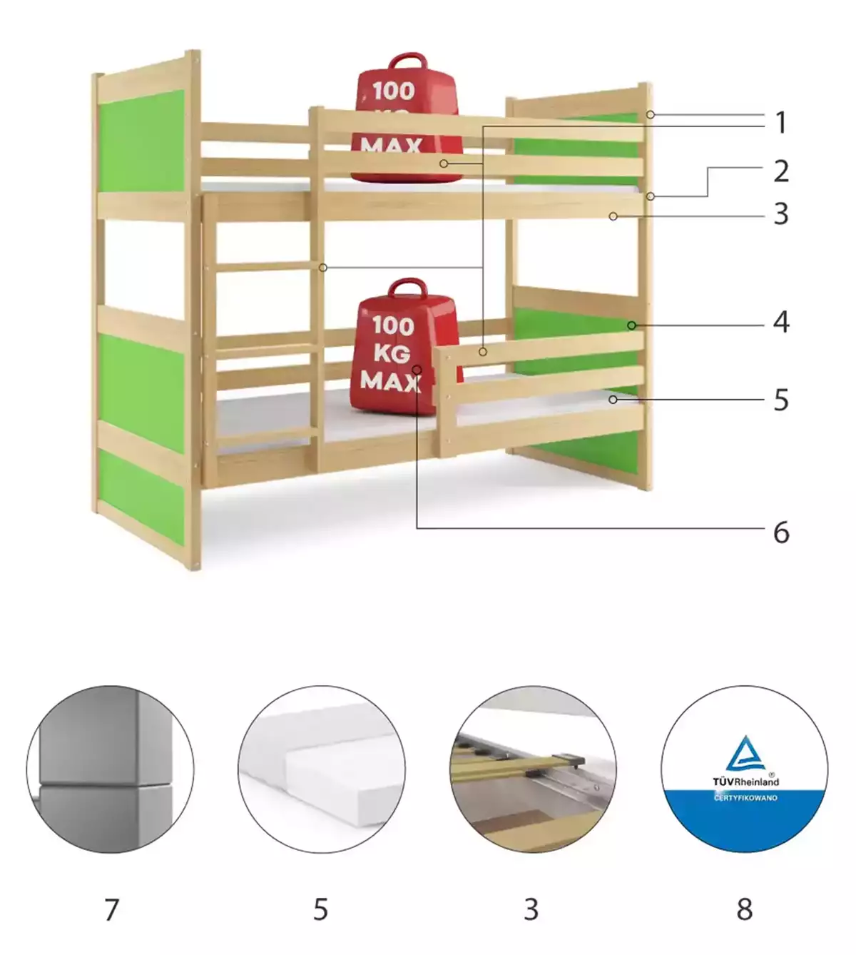 Komponenten für Stockbett für Jugendliche Richard, 90x190, mit Matratze, Kiefer/grün