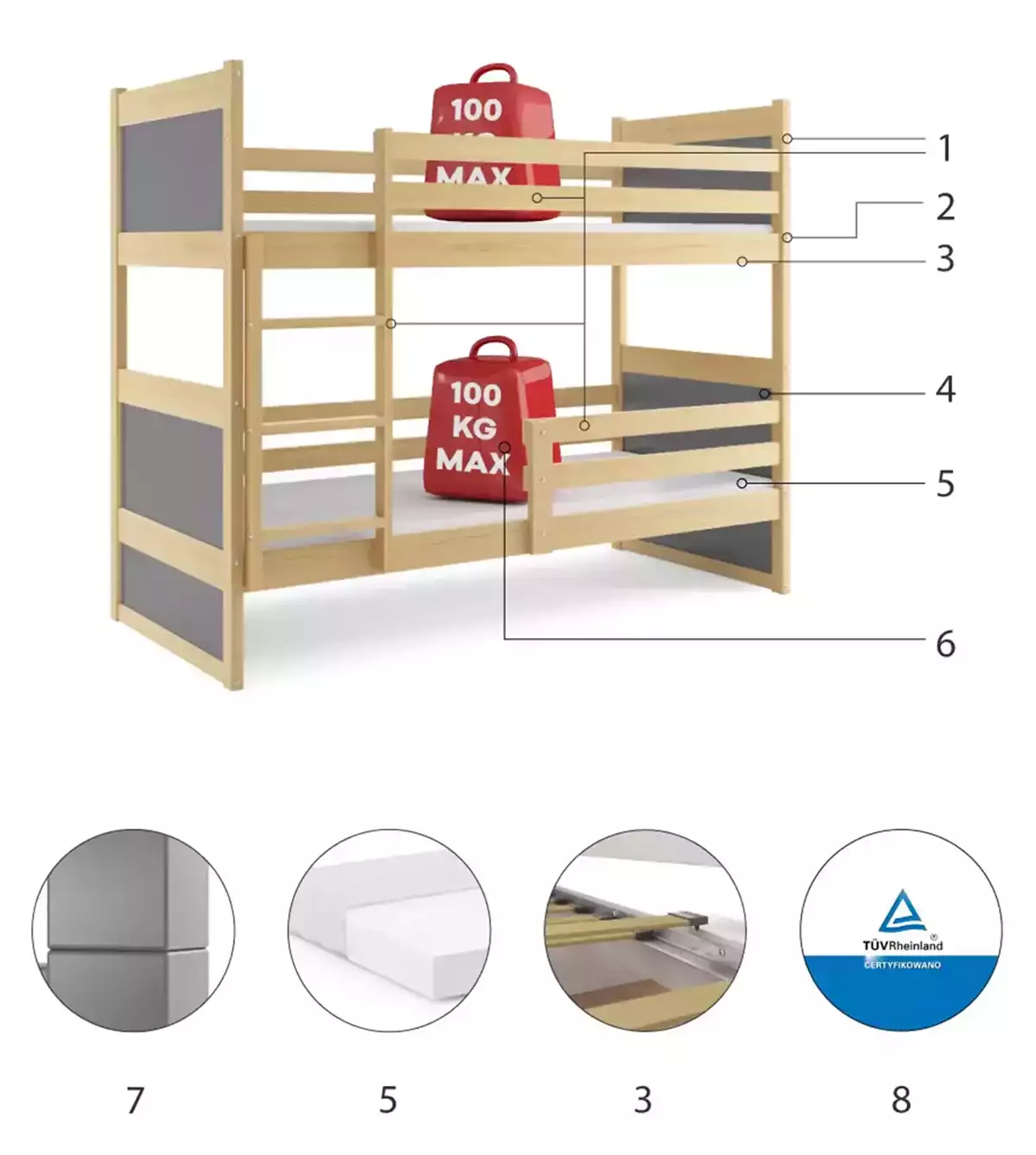 Komponenten für Stockbett für Jugendliche Richard, 90x190, mit Matratze, Kiefer/grau Komponenten für Stockbett für Jugendliche Richard, 90x190, mit Matratze, Kiefer/grau