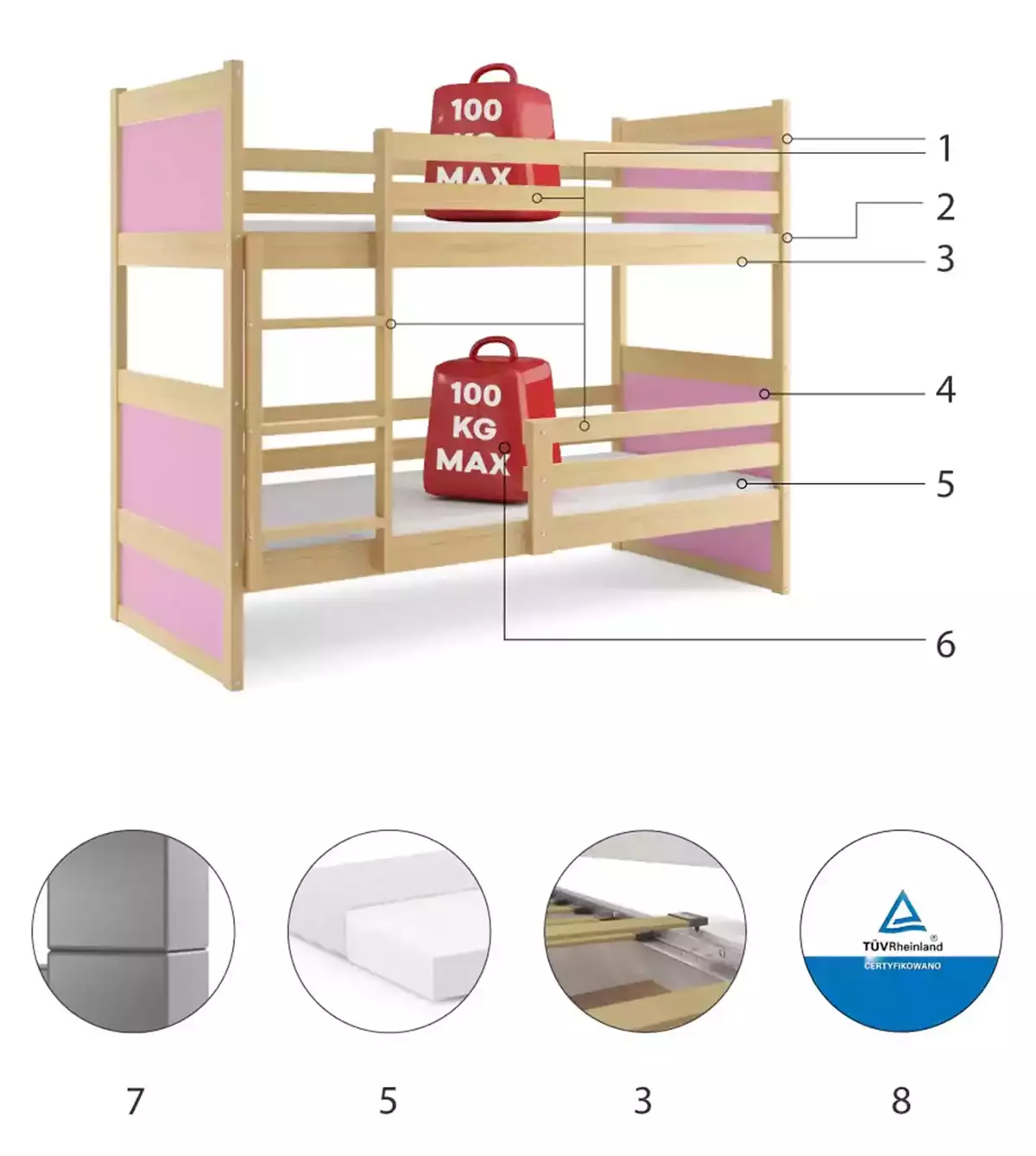 Komponenten für Stockbett für Jugendliche Richard, 90x190, mit Matratze, Kiefer/rosa Komponenten für Stockbett für Jugendliche Richard, 90x190, mit Matratze, Kiefer/rosa