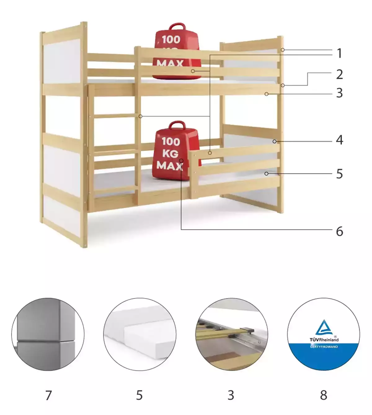 Komponenten für Stockbett für Jugendliche Richard, 90x190, mit Matratze, Kiefer/weiß