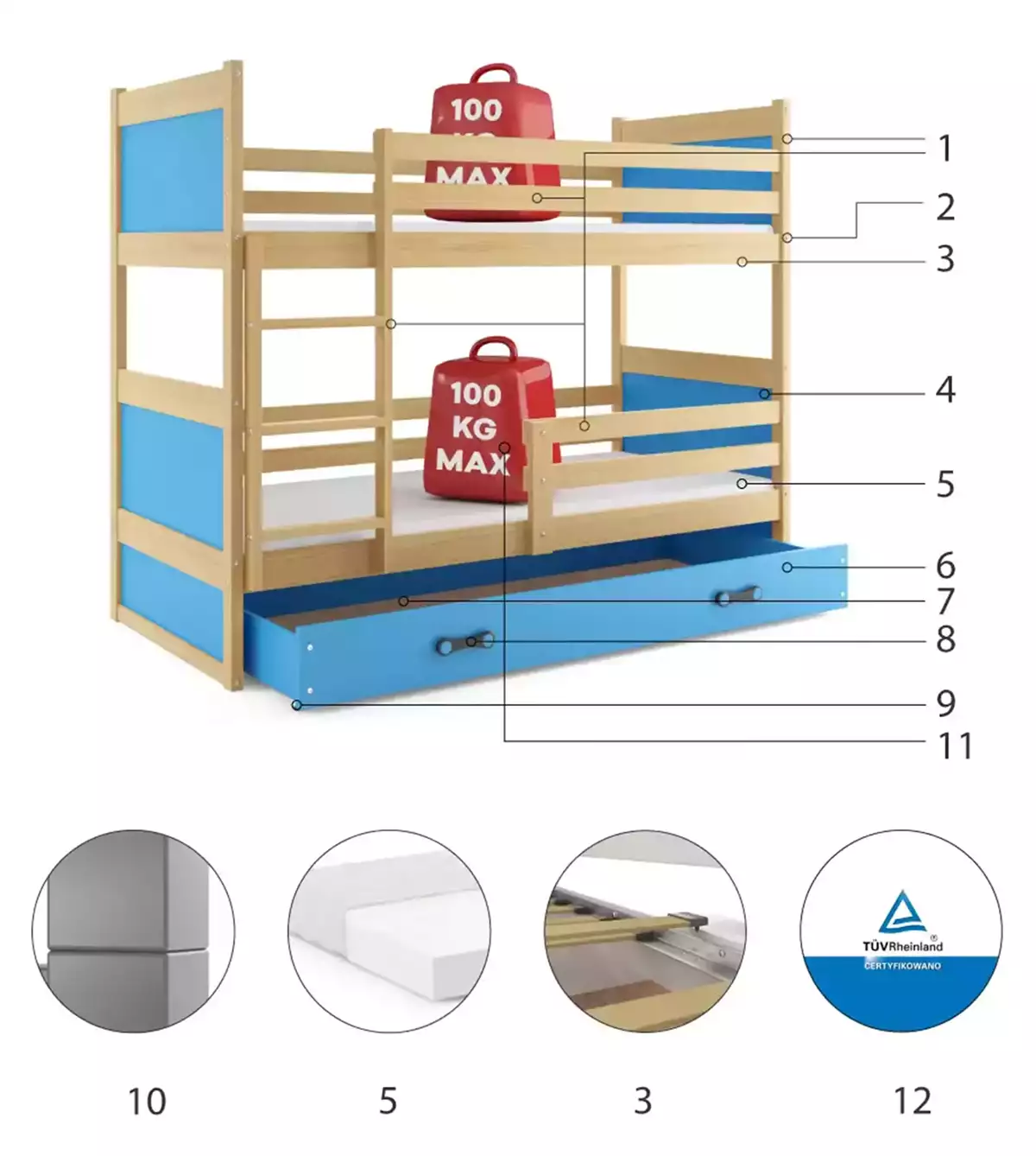 Komponenten für Stockbett für Jugendliche Richard, 90x190, mit Matratze und Schublade, Kiefer/blau