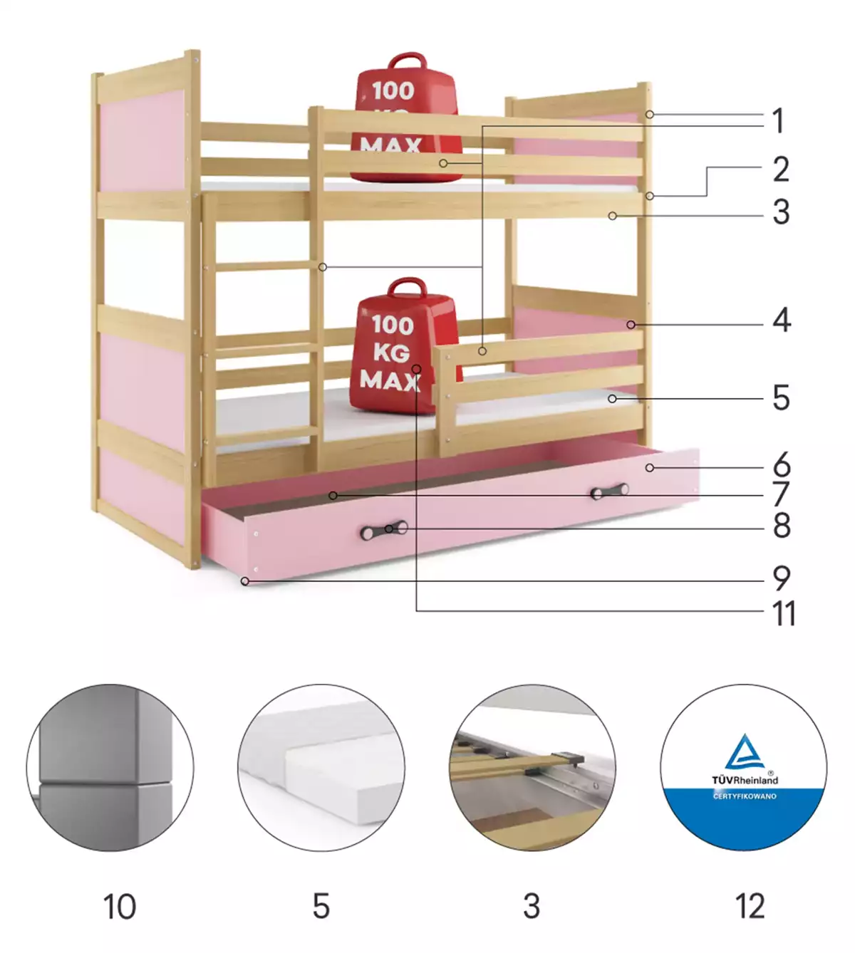 Komponenten für Stockbett für Jugendliche Richard, 90x190, mit Matratze und Schublade, Kiefer/rosa Komponenten für Stockbett für Jugendliche Richard, 90x190, mit Matratze und Schublade, Kiefer/rosa