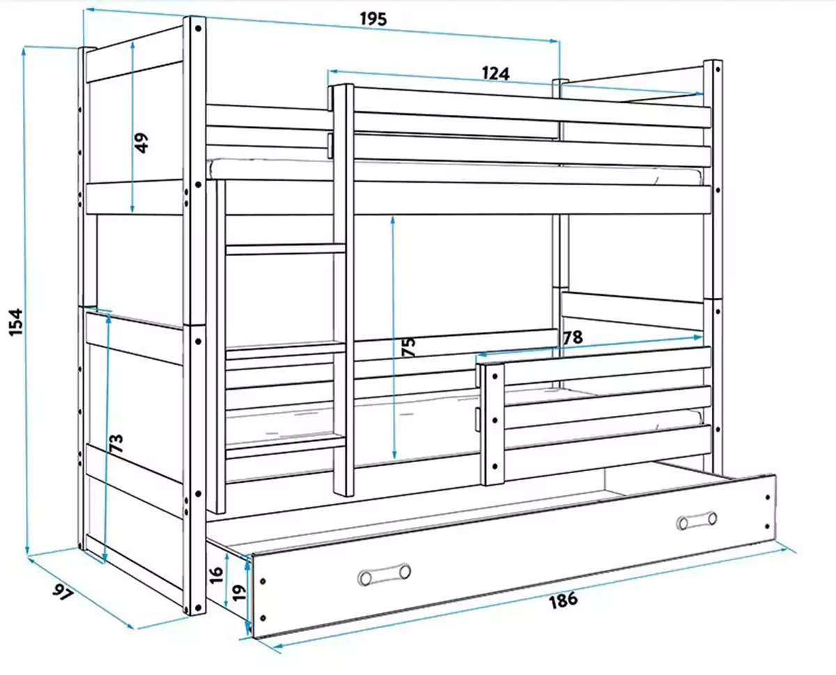 Abmessungen und Spezifikationen für Stockbett für Jugendliche Richard, 90x190, mit Matratze und Schublade, weiß/blau Abmessungen und Spezifikationen für Stockbett für Jugendliche Richard, 90x190, mit Matratze und Schublade, weiß/blau