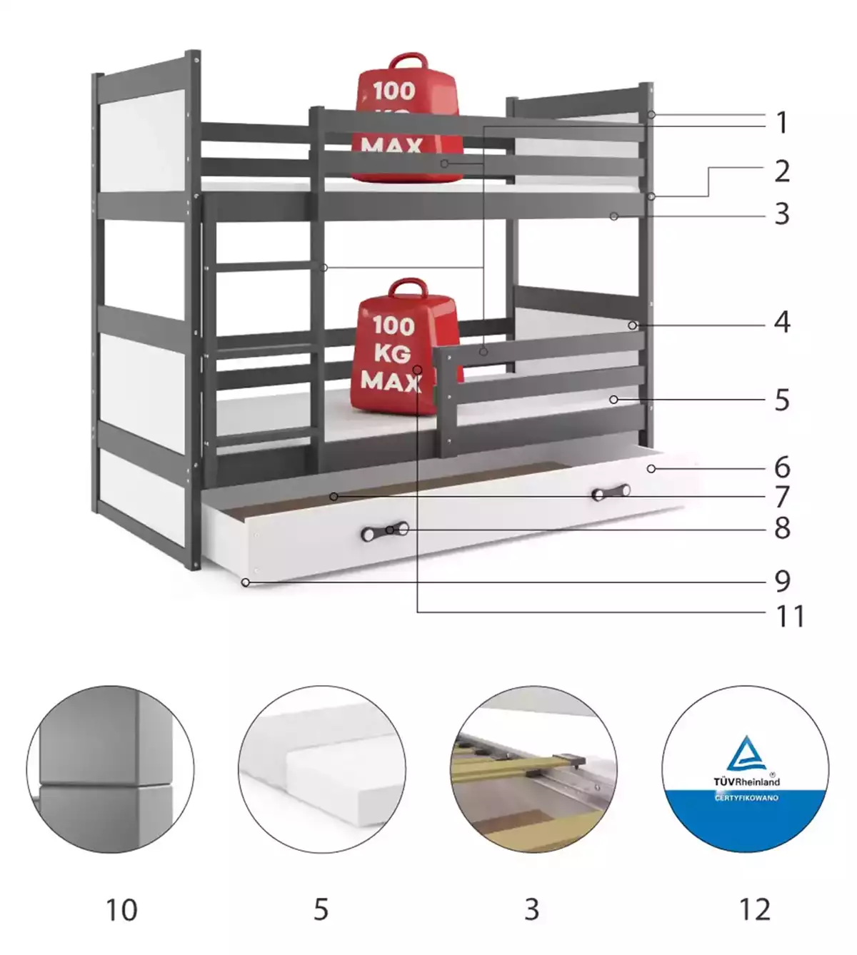 Komponenten für Stockbett für Jugendliche Richard, 90x190, mit Schublade, grau/weiß Komponenten für Stockbett für Jugendliche Richard, 90x190, mit Schublade, grau/weiß