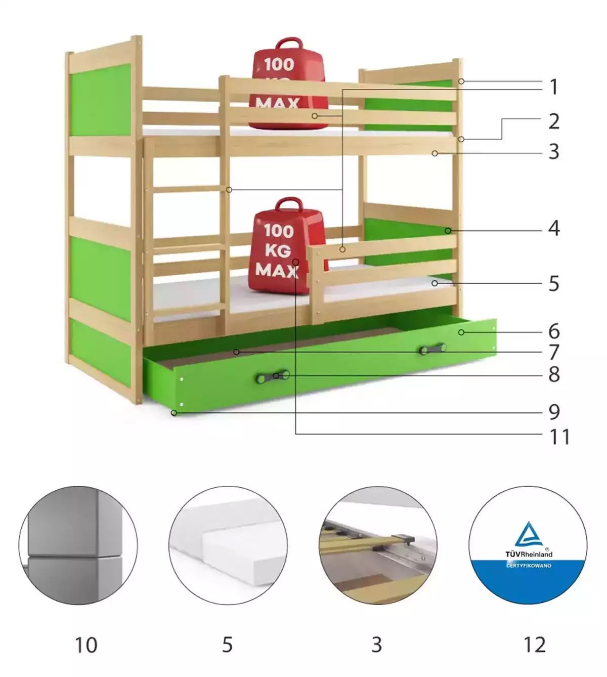 Komponenten für Stockbett für Jugendliche Richard, 90x190, mit Schublade, Kiefer/grün Komponenten für Stockbett für Jugendliche Richard, 90x190, mit Schublade, Kiefer/grün