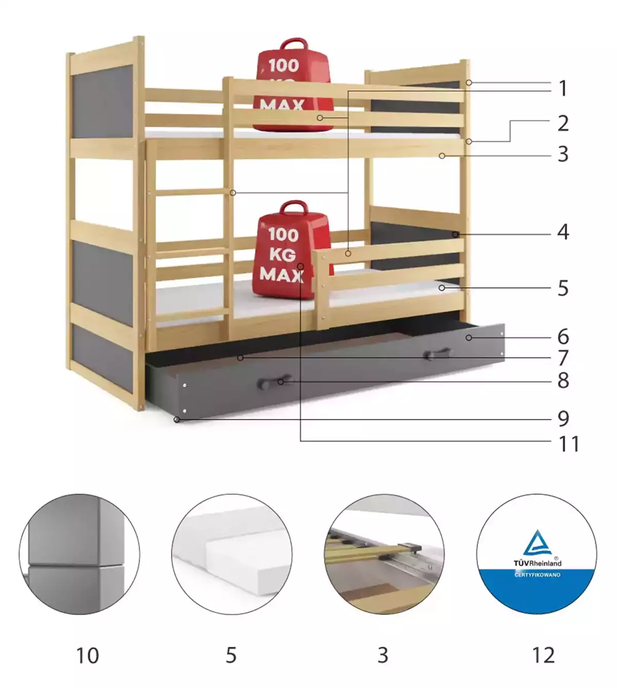 Komponenten für Stockbett für Jugendliche Richard, 90x190, mit Schublade, Kiefer/grau Komponenten für Stockbett für Jugendliche Richard, 90x190, mit Schublade, Kiefer/grau