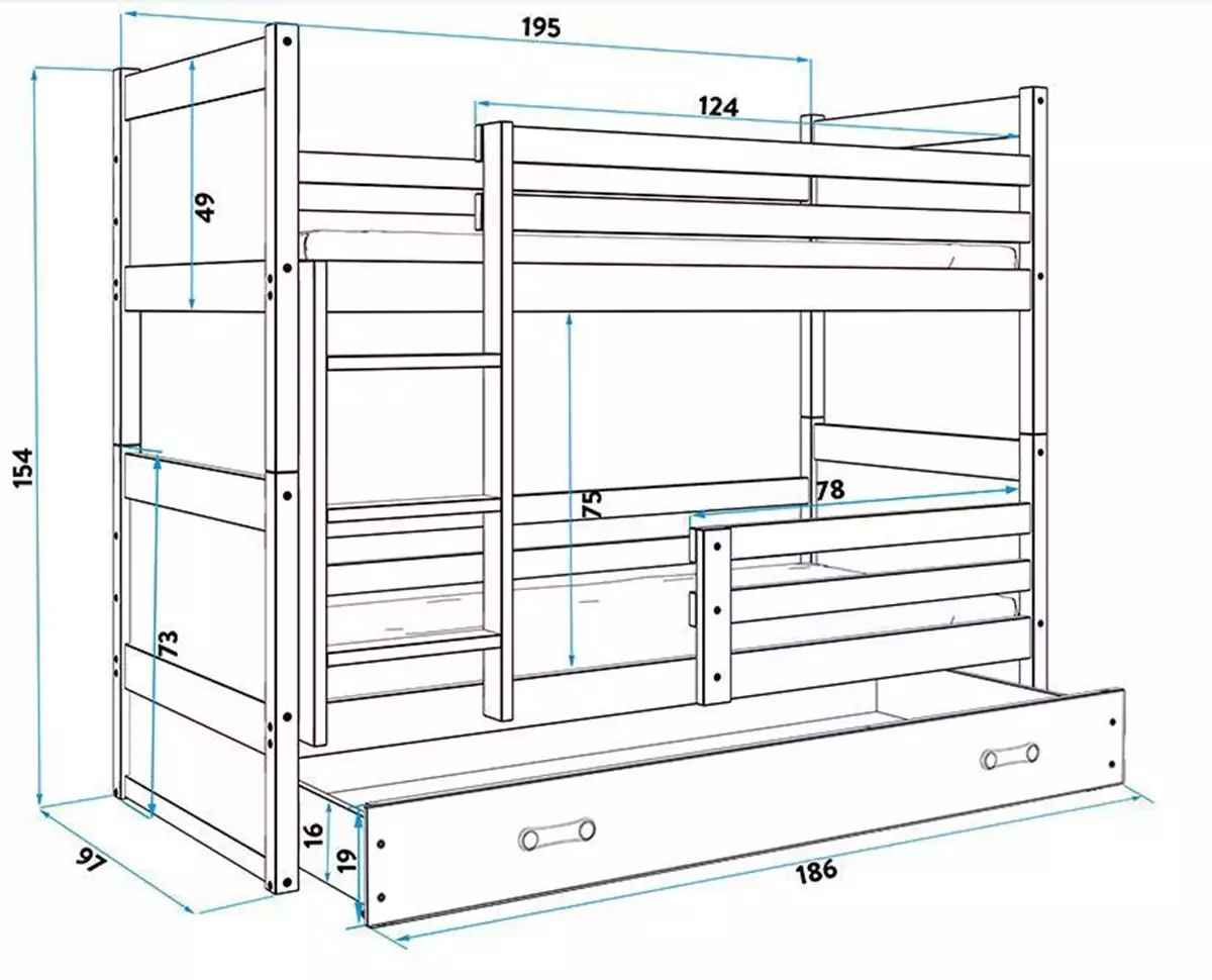 Abmessungen und Spezifikationen für Stockbett für Jugendliche Richard, 90x190, mit Schublade, Kiefer/weiß Abmessungen und Spezifikationen für Stockbett für Jugendliche Richard, 90x190, mit Schublade, Kiefer/weiß