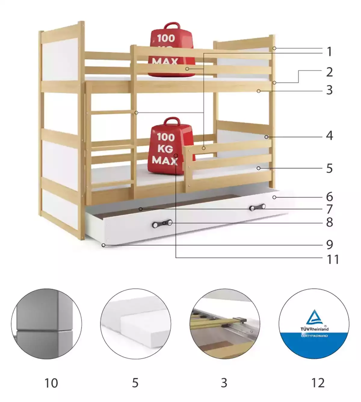 Komponenten für Stockbett für Jugendliche Richard, 90x190, mit Schublade, Kiefer/weiß Komponenten für Stockbett für Jugendliche Richard, 90x190, mit Schublade, Kiefer/weiß