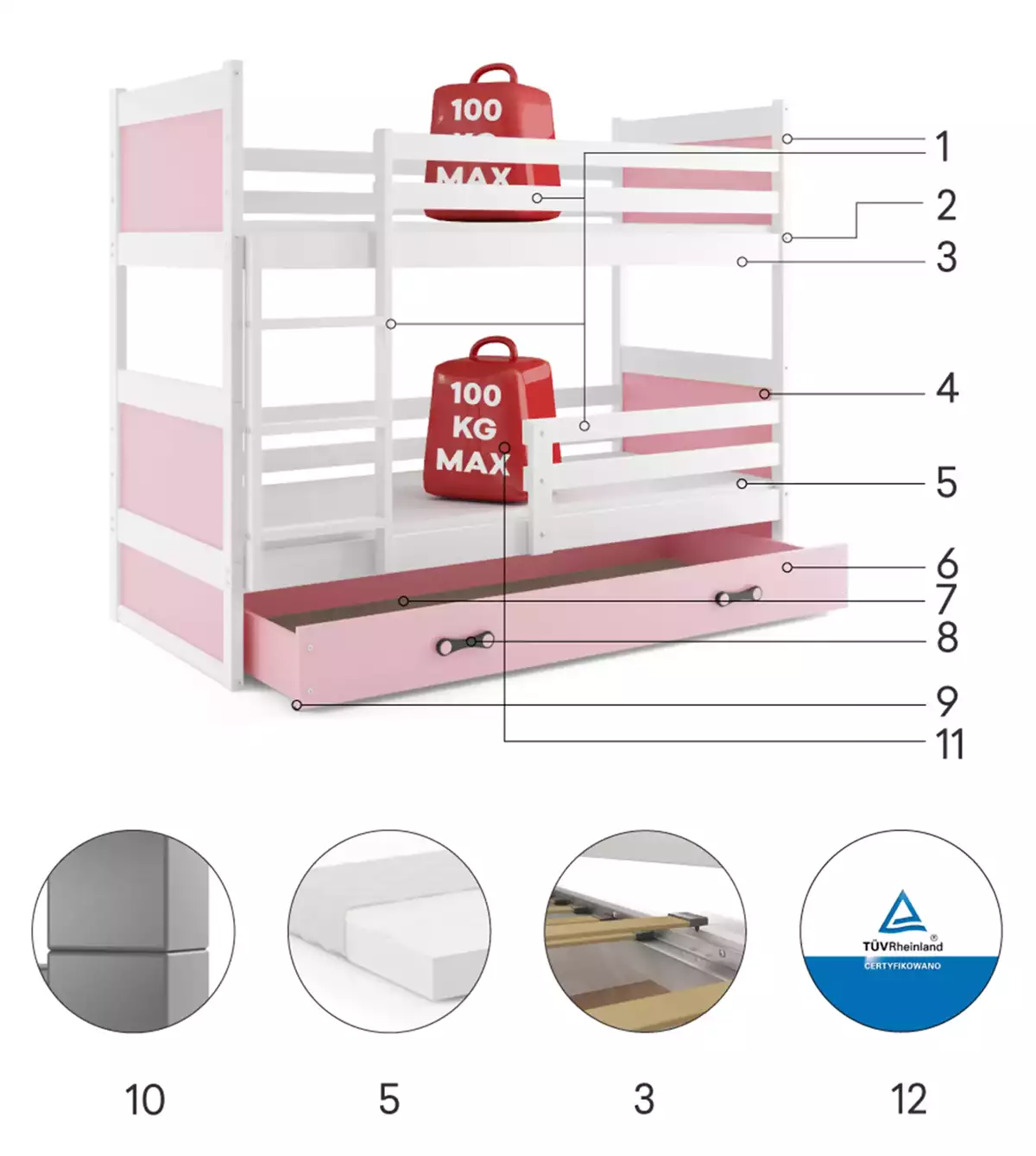 Komponenten für Stockbett für Jugendliche Richard, 90x190, mit Schublade, weiß/rosa Komponenten für Stockbett für Jugendliche Richard, 90x190, mit Schublade, weiß/rosa