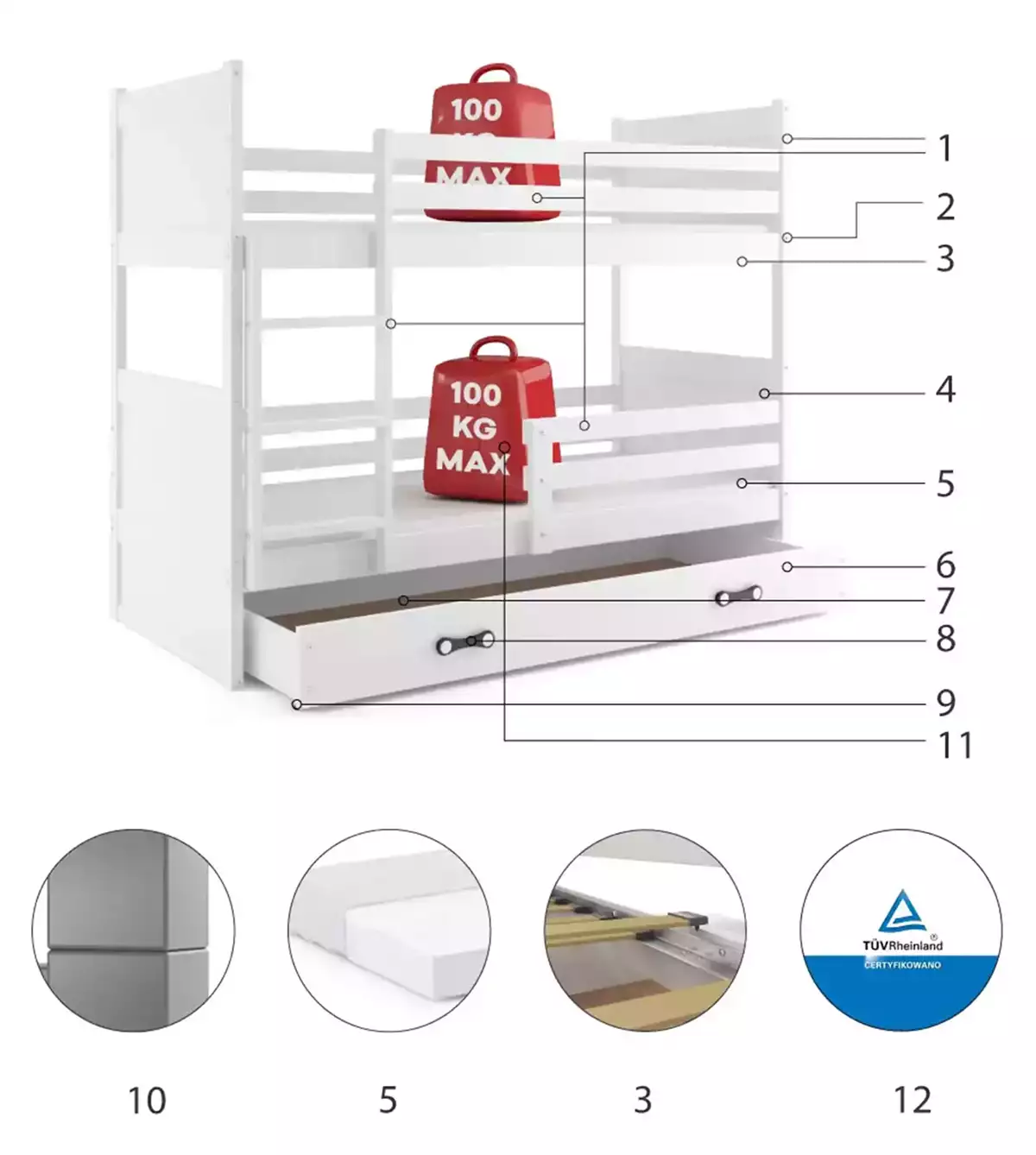 Komponenten für Stockbett für Jugendliche Richard, 90x190, mit Schublade, weiß
