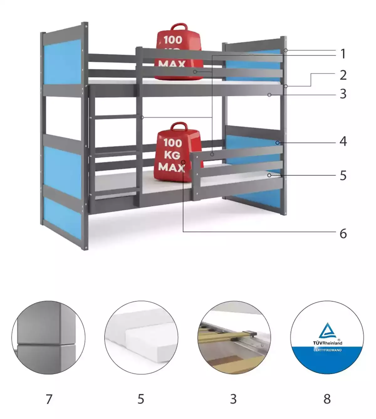 Komponenten für Stockbett für Jugendliche Richard, 90x200, mit Matratze, grau/blau Komponenten für Stockbett für Jugendliche Richard, 90x200, mit Matratze, grau/blau