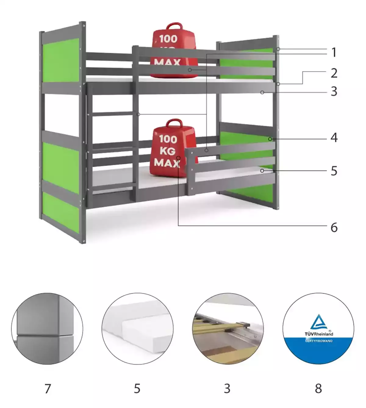 Komponenten für Stockbett für Jugendliche Richard, 90x200, mit Matratze, grau/grün Komponenten für Stockbett für Jugendliche Richard, 90x200, mit Matratze, grau/grün