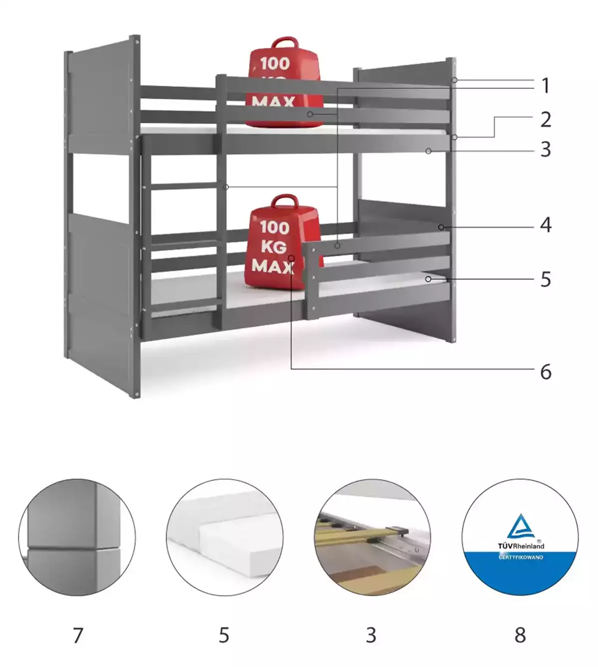 Komponenten für Stockbett für Jugendliche Richard, 90x200, mit Matratze, grau Komponenten für Stockbett für Jugendliche Richard, 90x200, mit Matratze, grau