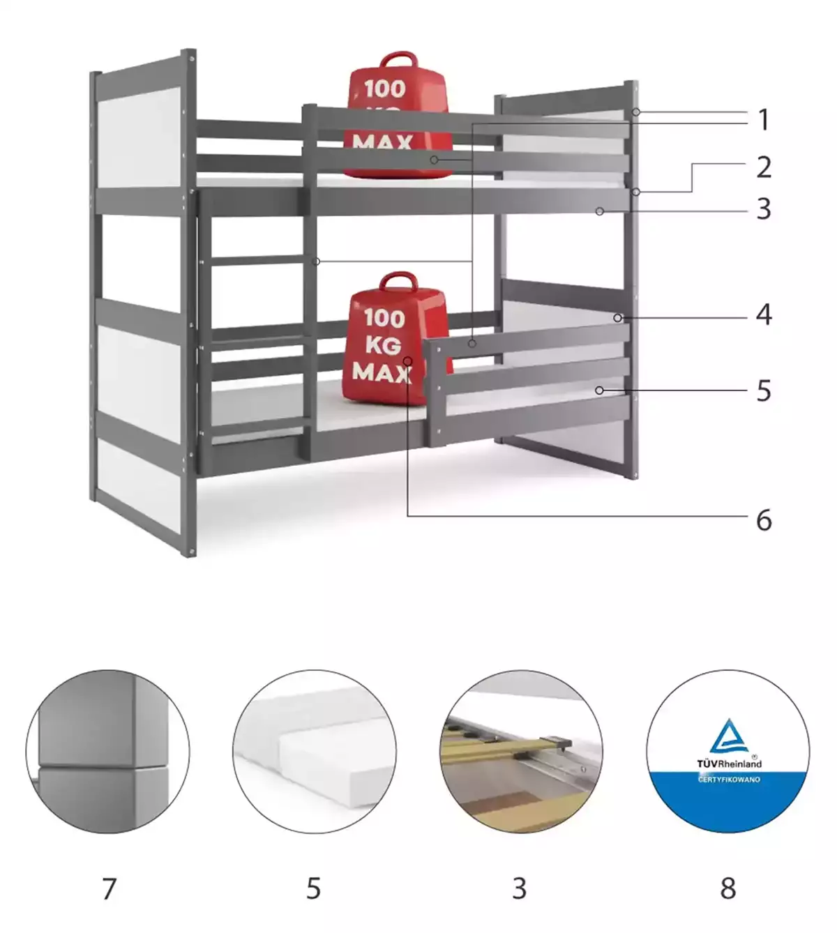 Komponenten für Stockbett für Jugendliche Richard, 90x200, mit Matratze, grau/weiß Komponenten für Stockbett für Jugendliche Richard, 90x200, mit Matratze, grau/weiß