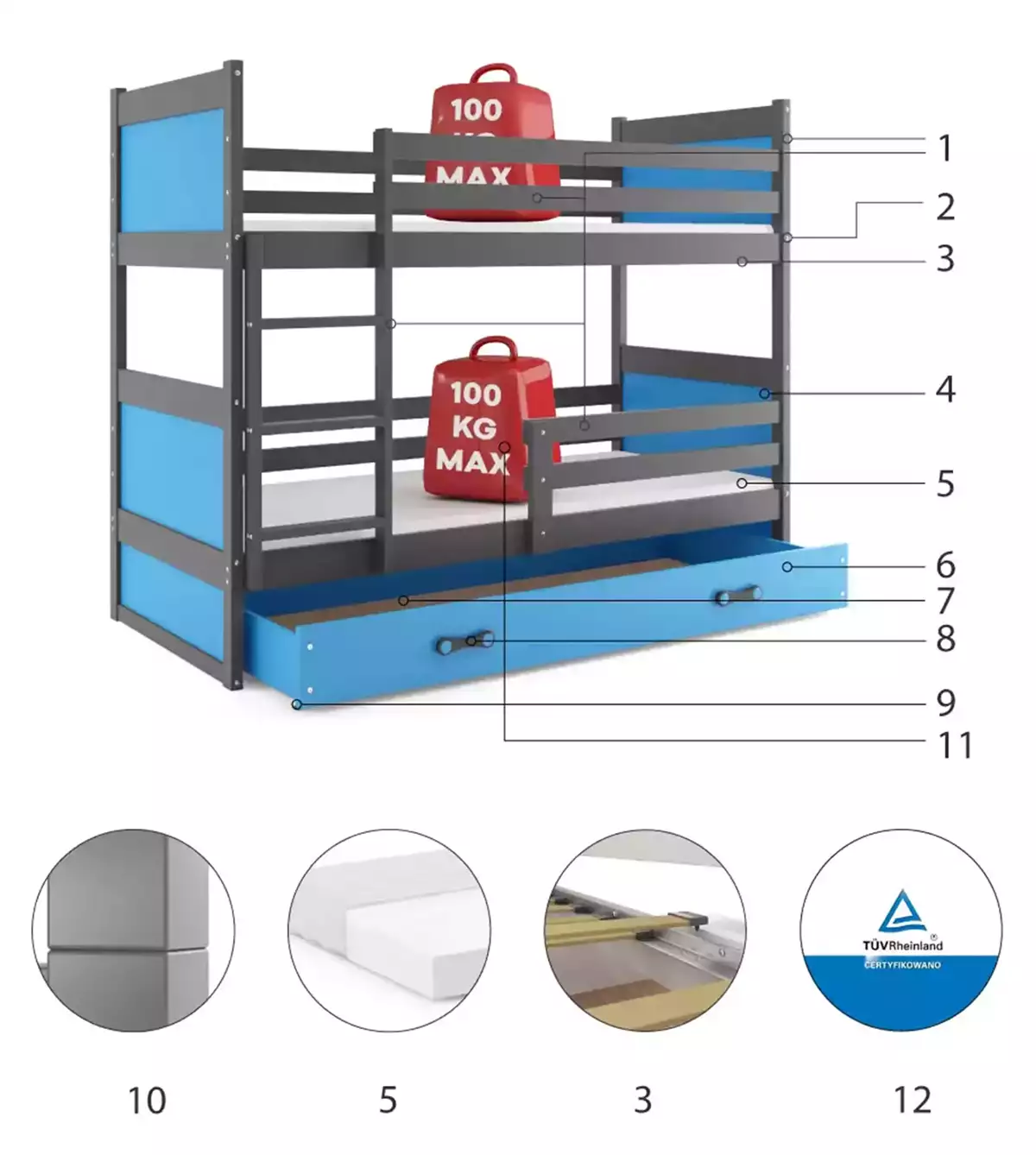 Komponenten für Stockbett für Jugendliche Richard, 90x200, mit Matratze und Schublade, grau/blau Komponenten für Stockbett für Jugendliche Richard, 90x200, mit Matratze und Schublade, grau/blau