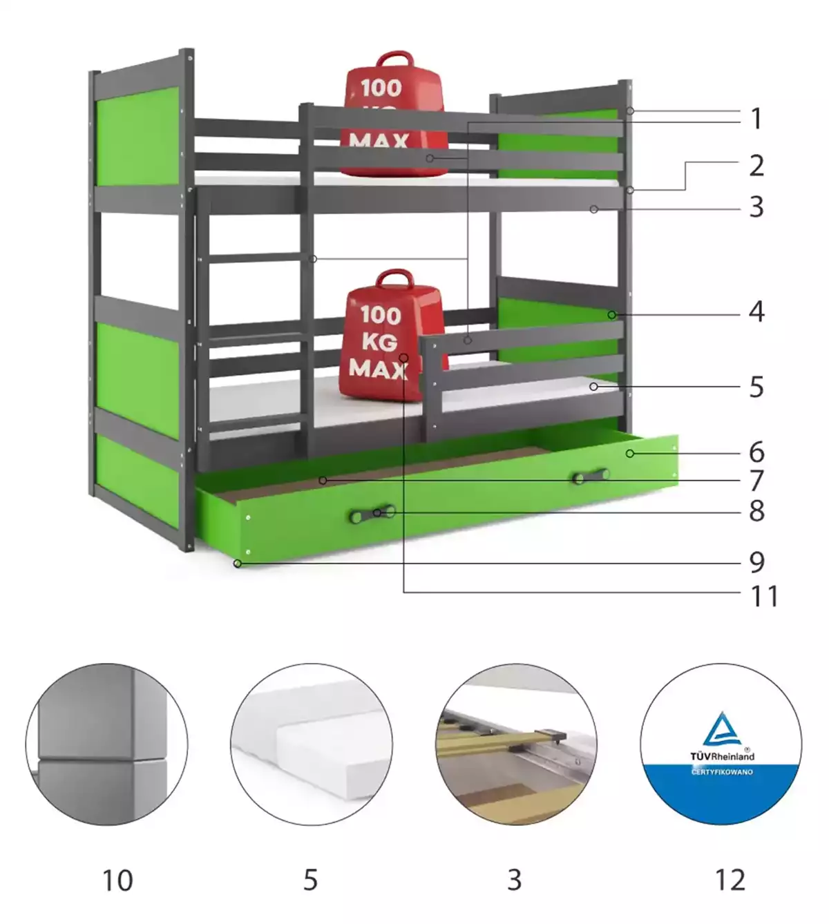 Komponenten für Stockbett für Jugendliche Richard, 90x200, mit Matratze und Schublade, grau/grün