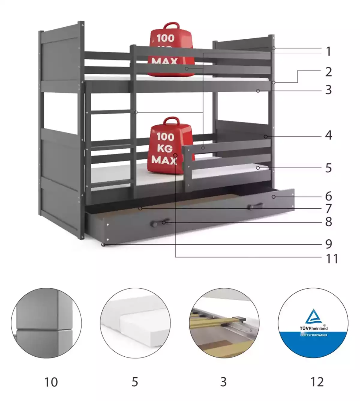 Komponenten für Stockbett für Jugendliche Richard, 90x200, mit Matratze und Schublade, grau Komponenten für Stockbett für Jugendliche Richard, 90x200, mit Matratze und Schublade, grau