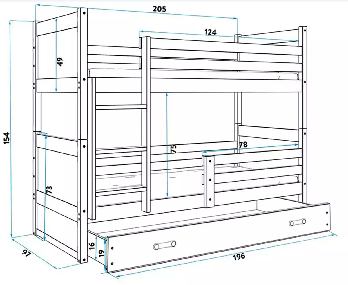 Abmessungen und Spezifikationen für Stockbett für Jugendliche Richard, 90x200, mit Matratze und Schublade, weiß Abmessungen und Spezifikationen für Stockbett für Jugendliche Richard, 90x200, mit Matratze und Schublade, weiß