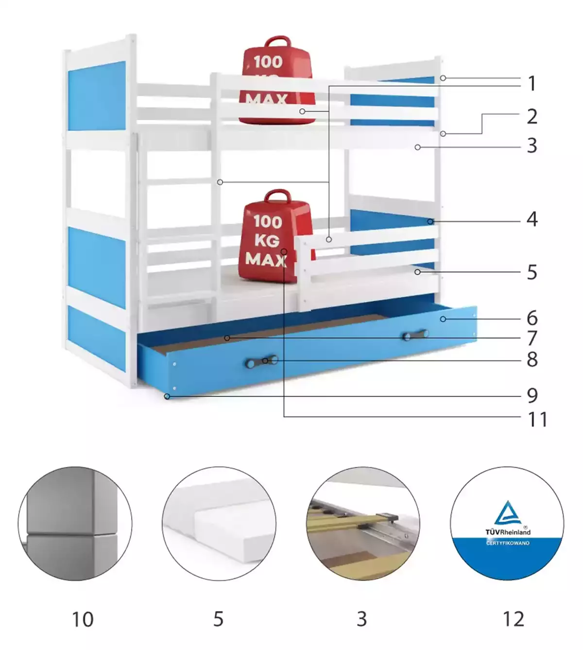 Komponenten für Stockbett für Jugendliche Richard, 90x200, mit Matratze und Schublade, weiß/blau Komponenten für Stockbett für Jugendliche Richard, 90x200, mit Matratze und Schublade, weiß/blau
