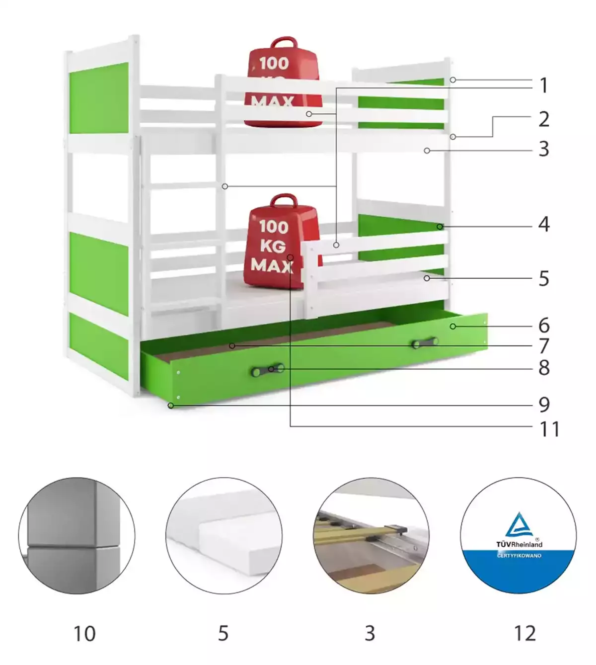 Komponenten für Stockbett für Jugendliche Richard, 90x200, mit Matratze und Schublade, weiß/grün