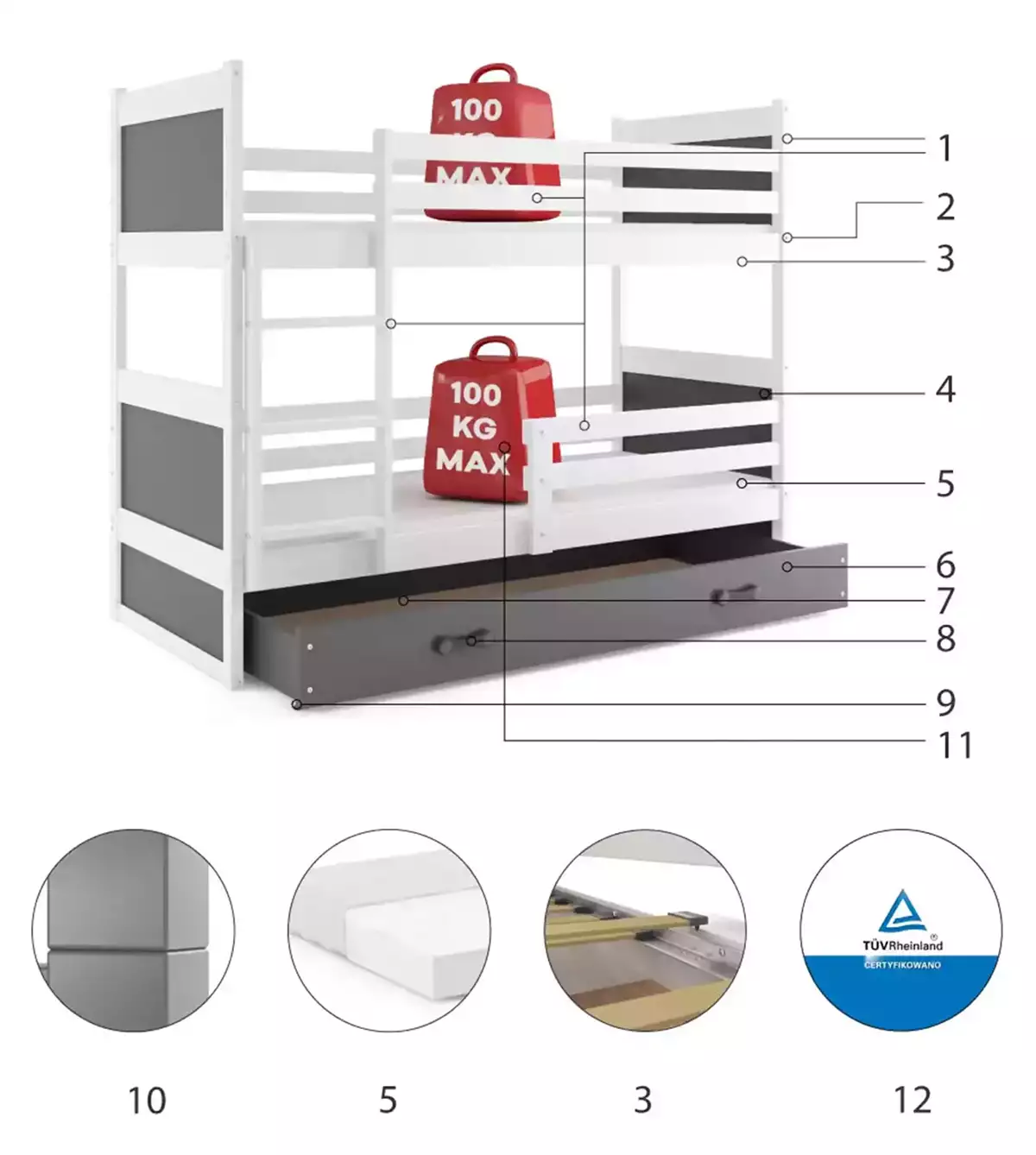 Komponenten für Stockbett für Jugendliche Richard, 90x200, mit Matratze und Schublade, weiß/grau