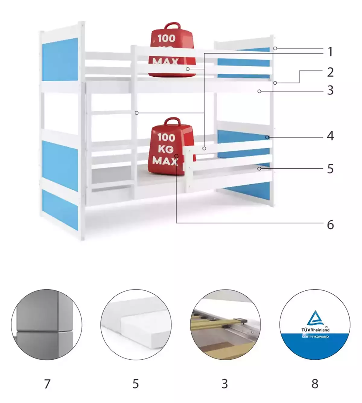 Komponenten für Stockbett für Jugendliche Richard, 90x200, mit Matratze, weiß/blau Komponenten für Stockbett für Jugendliche Richard, 90x200, mit Matratze, weiß/blau