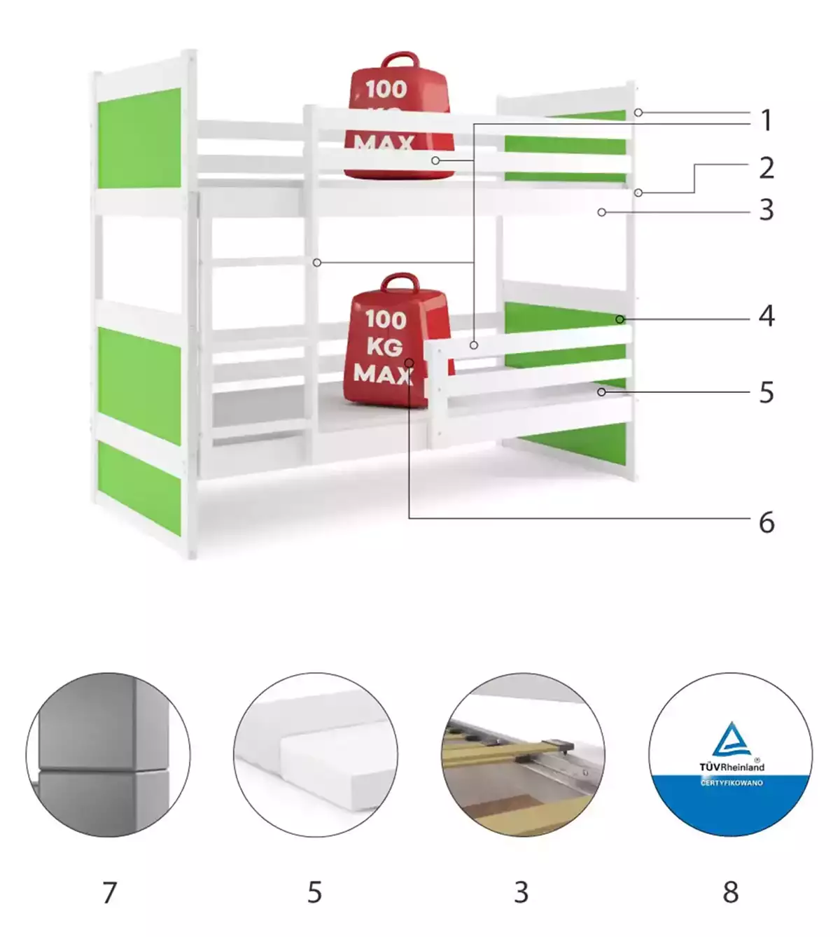 Komponenten für Stockbett für Jugendliche Richard, 90x200, mit Matratze, weiß/grün
