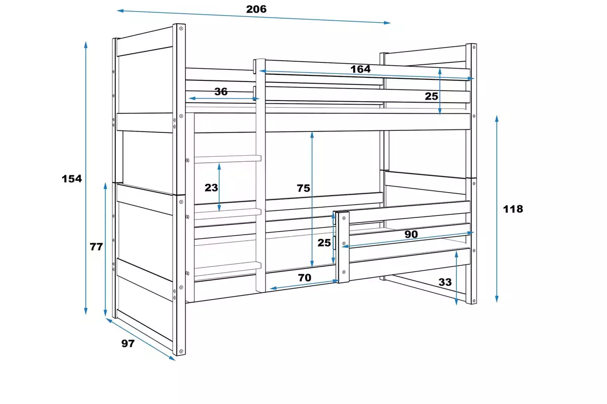 Abmessungen und Spezifikationen für Stockbett für Jugendliche Richard, 90x200, mit Matratze, weiß/grau Abmessungen und Spezifikationen für Stockbett für Jugendliche Richard, 90x200, mit Matratze, weiß/grau