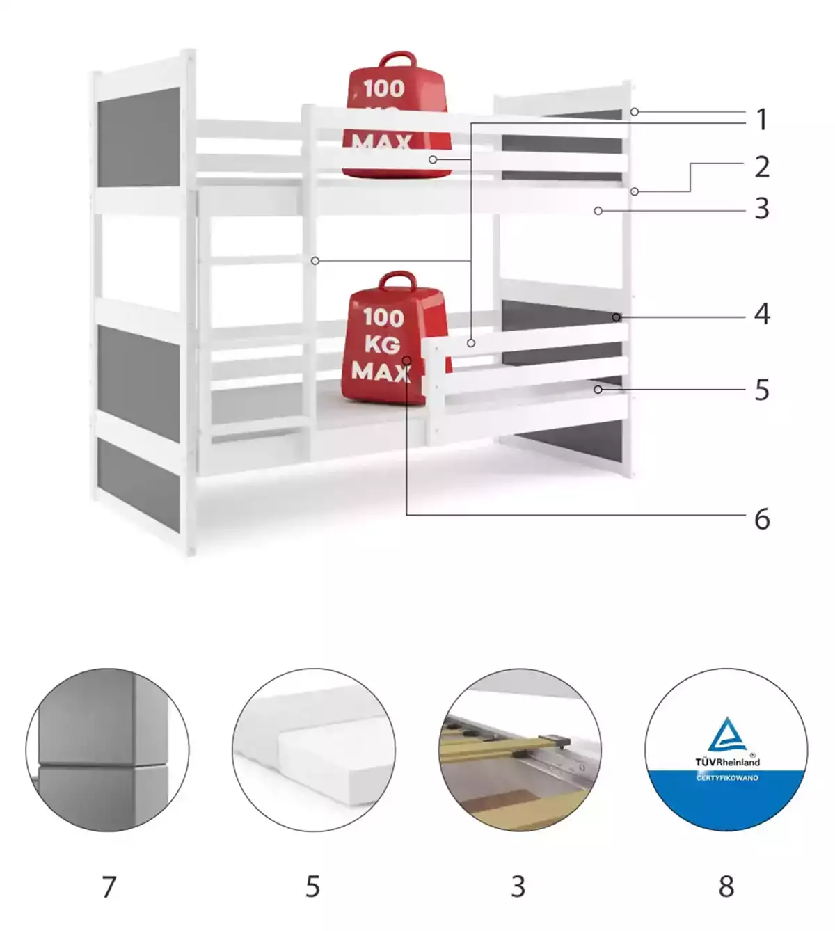 Komponenten für Stockbett für Jugendliche Richard, 90x200, mit Matratze, weiß/grau Komponenten für Stockbett für Jugendliche Richard, 90x200, mit Matratze, weiß/grau