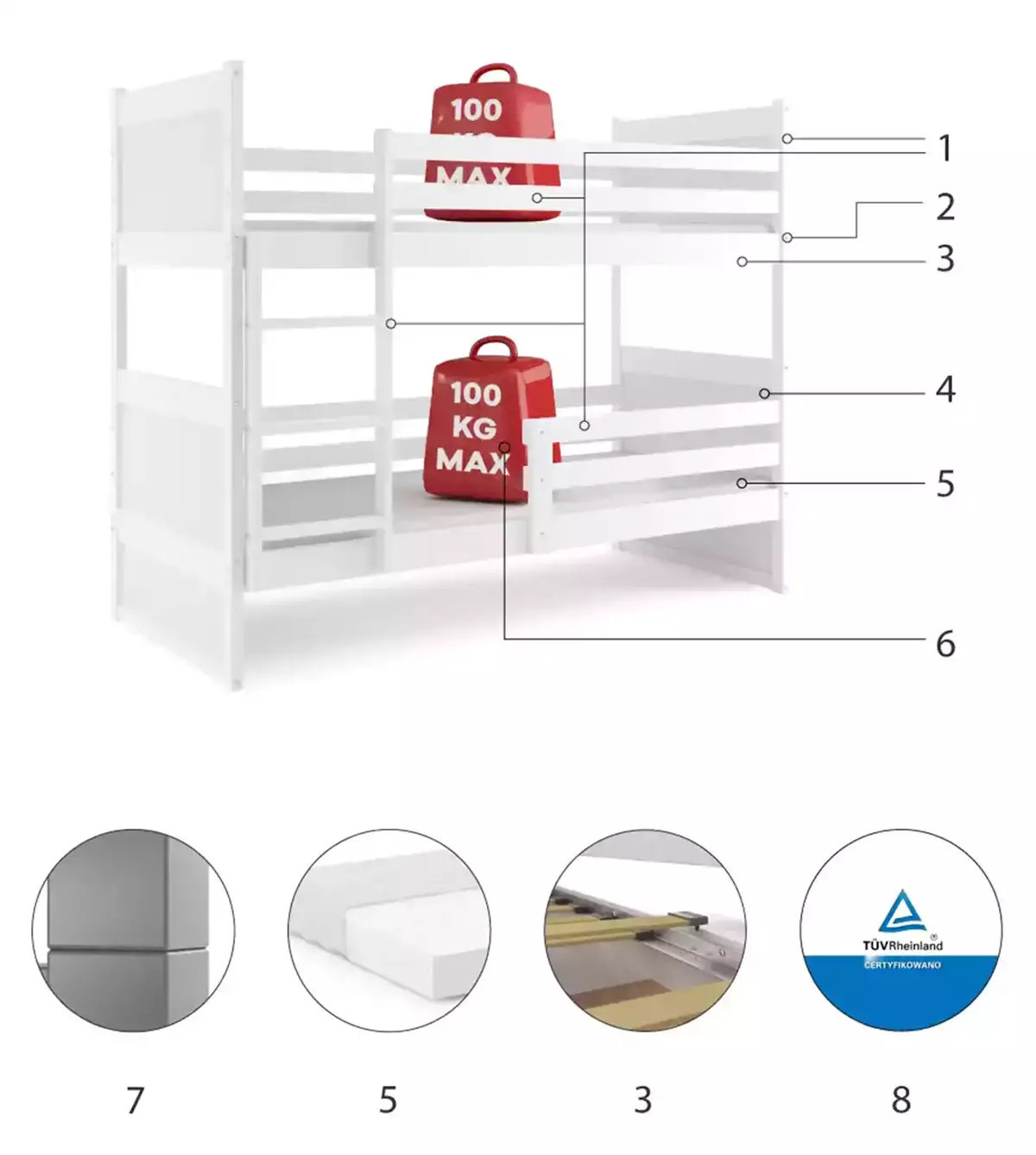 Komponenten für Stockbett für Jugendliche Richard, 90x200, mit Matratze, weiß Komponenten für Stockbett für Jugendliche Richard, 90x200, mit Matratze, weiß