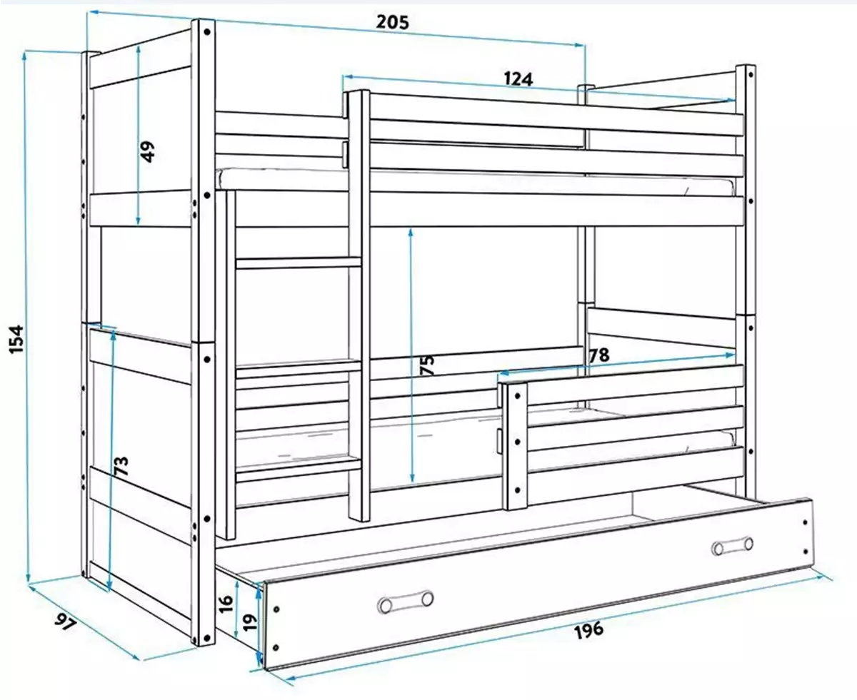 Abmessungen und Spezifikationen für Stockbett für Jugendliche Richard, 90x200, mit Schublade, weiß Abmessungen und Spezifikationen für Stockbett für Jugendliche Richard, 90x200, mit Schublade, weiß