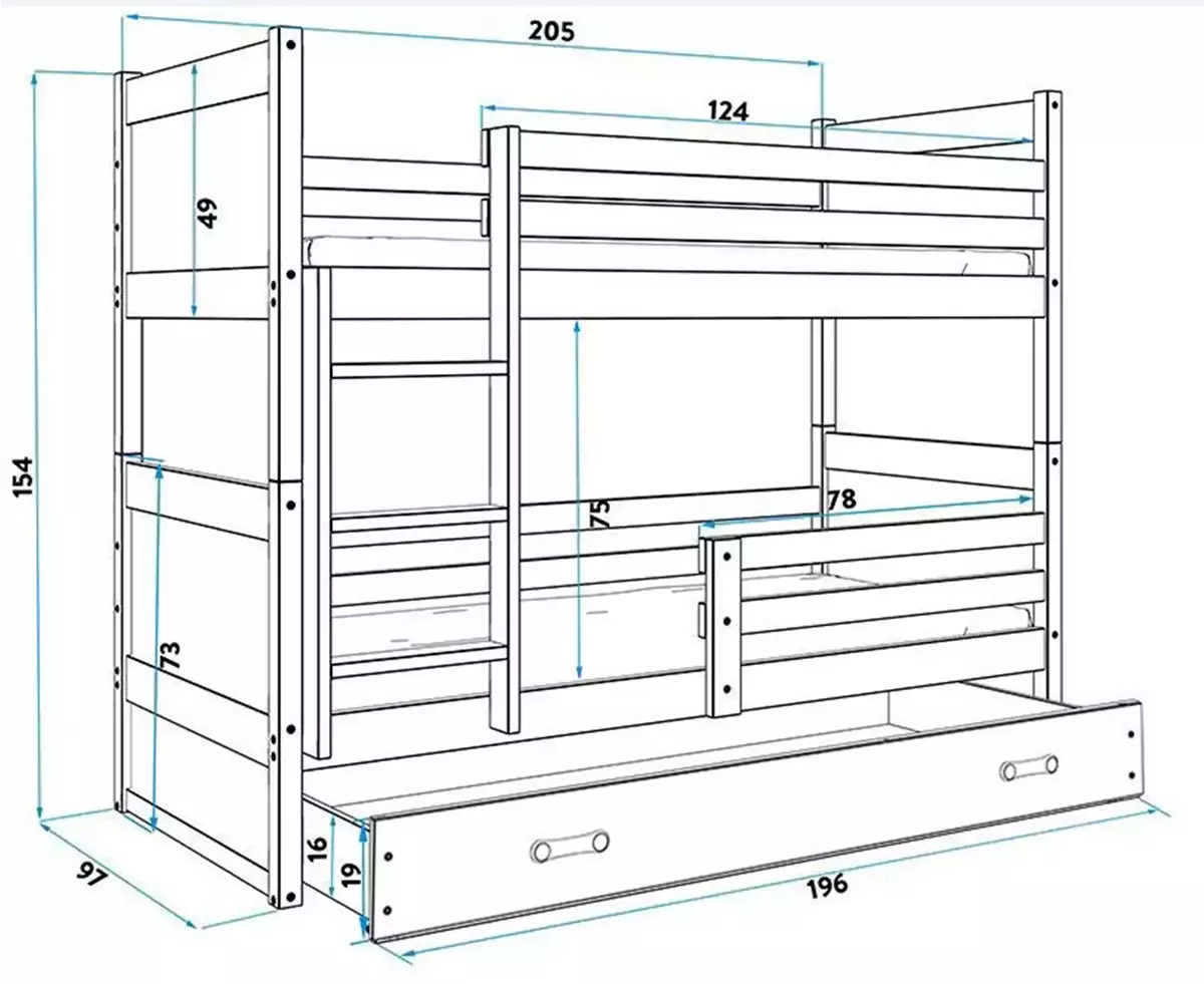 Abmessungen und Spezifikationen für Stockbett für Jugendliche Richard, 90x200, mit Schublade, weiß/grün Abmessungen und Spezifikationen für Stockbett für Jugendliche Richard, 90x200, mit Schublade, weiß/grün