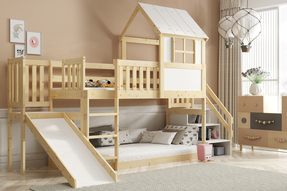 Hochbett-Haus mit Rutsche, Dach und Treppe – Galerie aus Naturholz 90x200