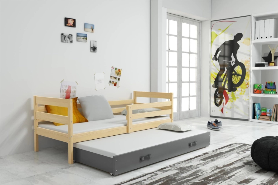 Ausziehbett für Jugendliche Erik, 90x190, mit Matratze und Schublade, Kiefer/grau