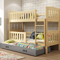 Etagenbett für drei Personen Jakob, 90x200, mit Matratze und Schublade, Kiefer/grau