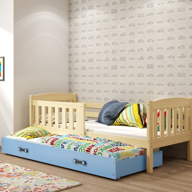 Ausziehbett für Jugendliche Jakob, 80x190, mit Matratze und Schublade, Kiefer/blau