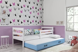 Ausziehbett für Jugendliche Erik, 80x190, mit Matratze und Schublade, weiß/blau