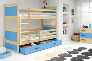 Stockbett für Jugendliche Richard, 90x200, mit Matratze und Schublade, Kiefer/blau