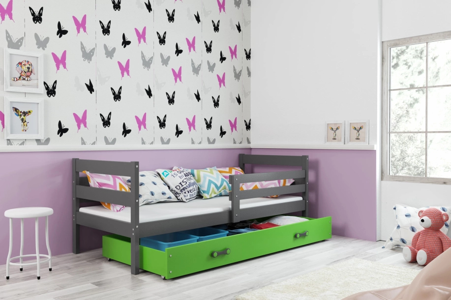 Jugendbett Erik, 80x190, mit Schublade, grau/grün
