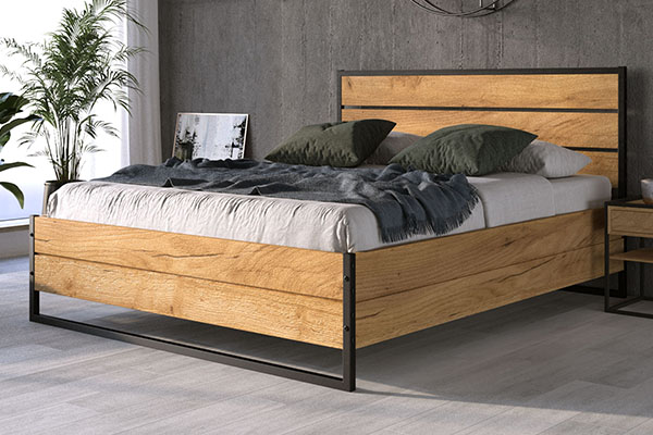 Doppelbett Loft, 140x200, mit Matratze und Stauraum, aus Eichenholz