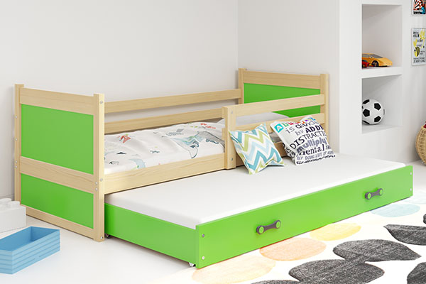Ausziehbett für Jugendliche Richard, 80x190, mit Matratze und Schublade, Kiefer/grün