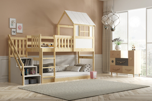 Hochbett-Haus mit Treppe und Dach – Galerie aus Naturholz 90x200