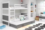 Etagenbett für drei Personen Richard, 90x200, mit Schublade, weiß/grau