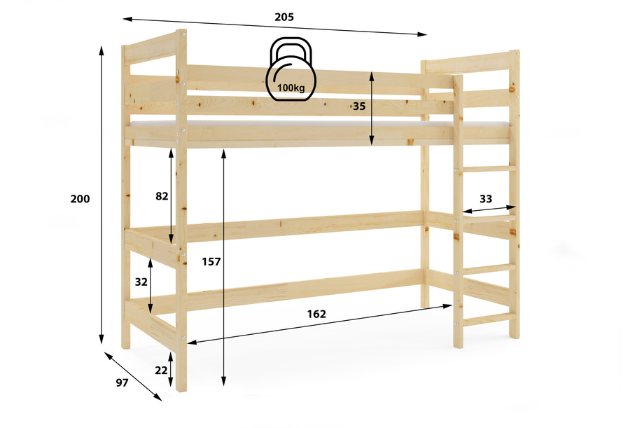 Jugend-Hochbett – Naturholz 90x200
