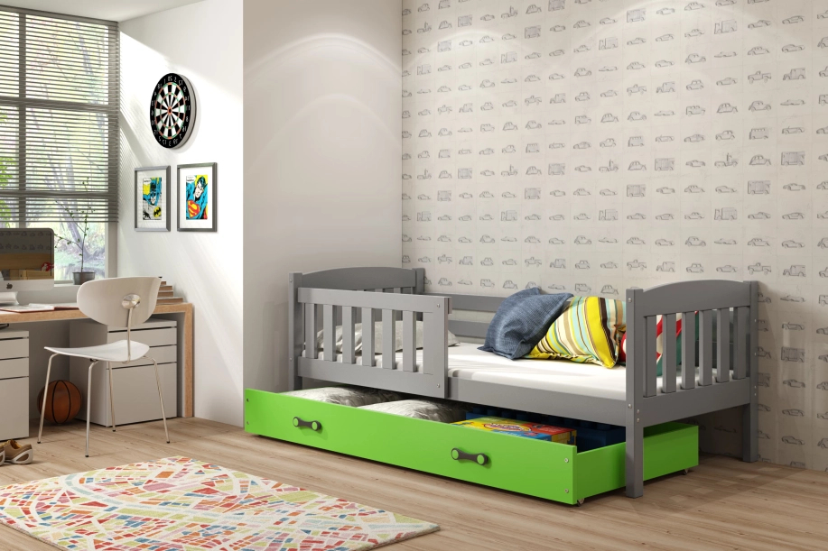 Kinderbett Jakob, 80x160, mit Schublade, grau/grün