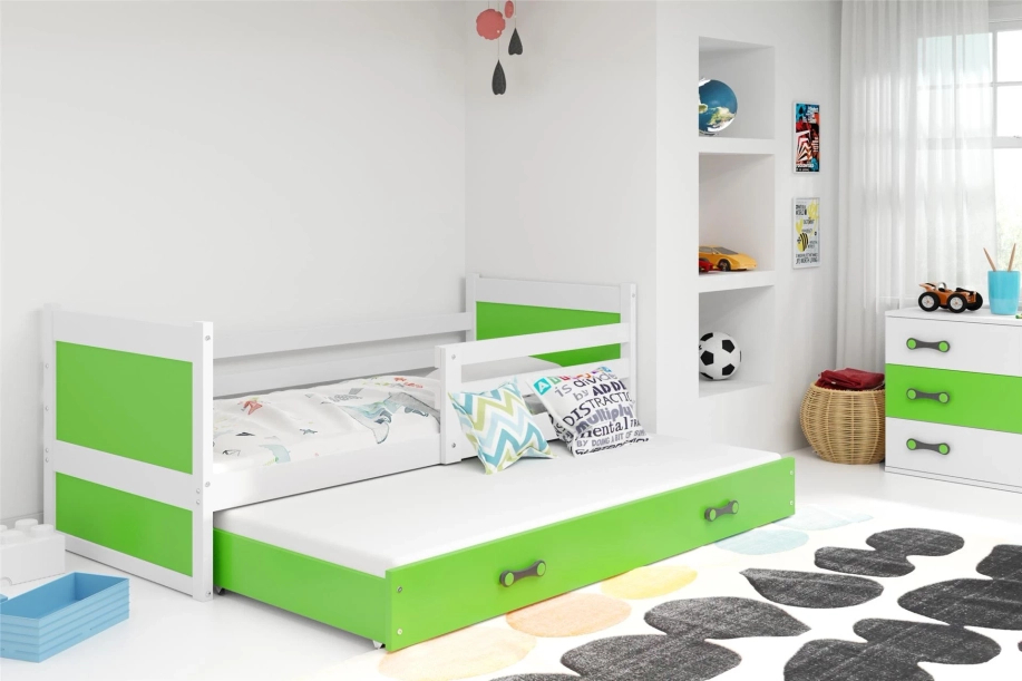 Ausziehbett für Jugendliche Richard, 90x190, mit Matratze und Schublade, weiß/grün