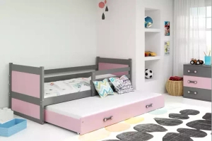 Ausziehbett für Jugendliche Richard, 90x190, mit Matratze und Schublade, grau/rosa