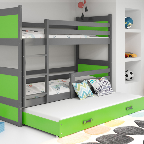 Etagenbett für drei Personen Richard, 90x200, mit Matratze und Schublade, grau/grün